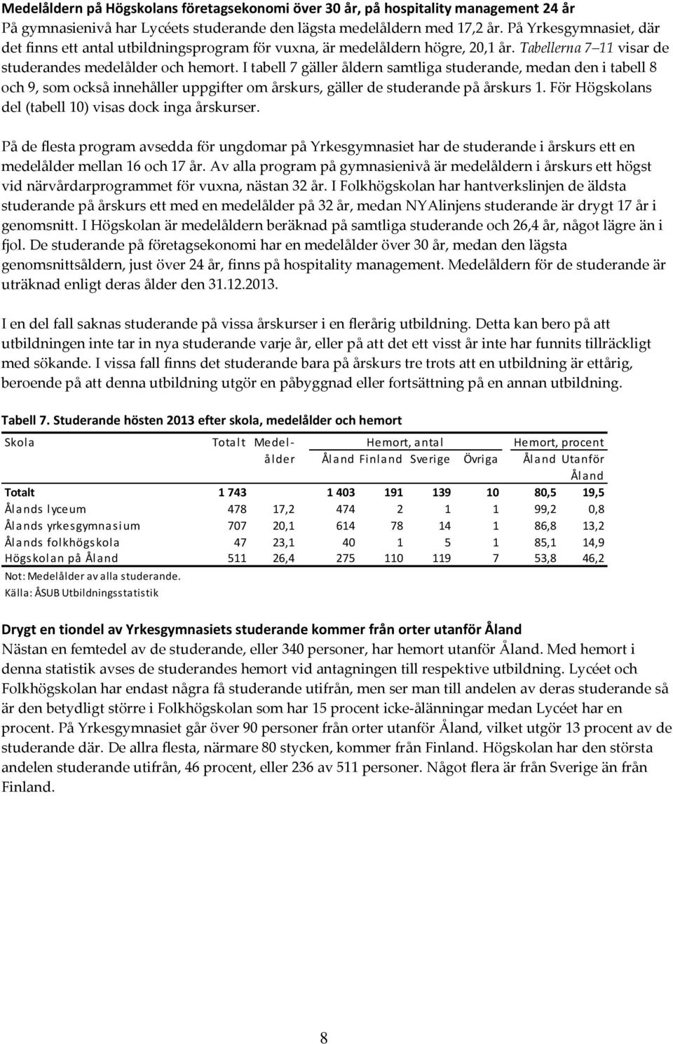 I tabell 7 gäller åldern samtliga studerande, medan den i tabell 8 och 9, som också innehåller uppgifter om årskurs, gäller de studerande på årskurs 1.