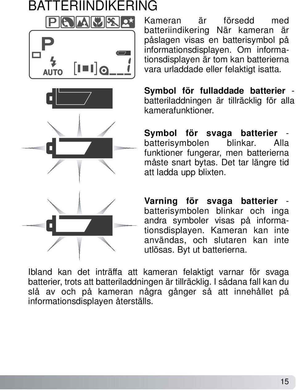 Symbol för svaga batterier - batterisymbolen blinkar. Alla funktioner fungerar, men batterierna måste snart bytas. Det tar längre tid att ladda upp blixten.