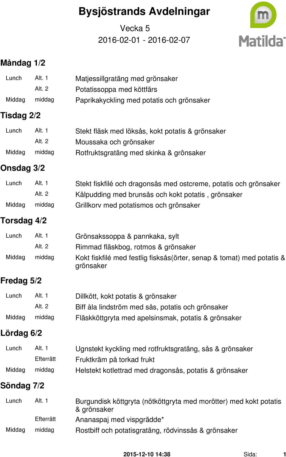 1 Stekt fiskfilé och dragonsås med ostcreme, potatis och Kålpudding med brunsås och kokt potatis, Middag middag Grillkorv med potatismos och Torsdag 4/2 Lunch Alt.