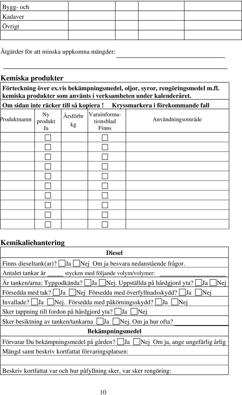 Kryssmarkera i förekommande fall Produktnamn Ny produkt Ja Årsförbr kg Varuinformationsblad Finns Användningsområde Kemikaliehantering Diesel Finns dieseltank(ar)?