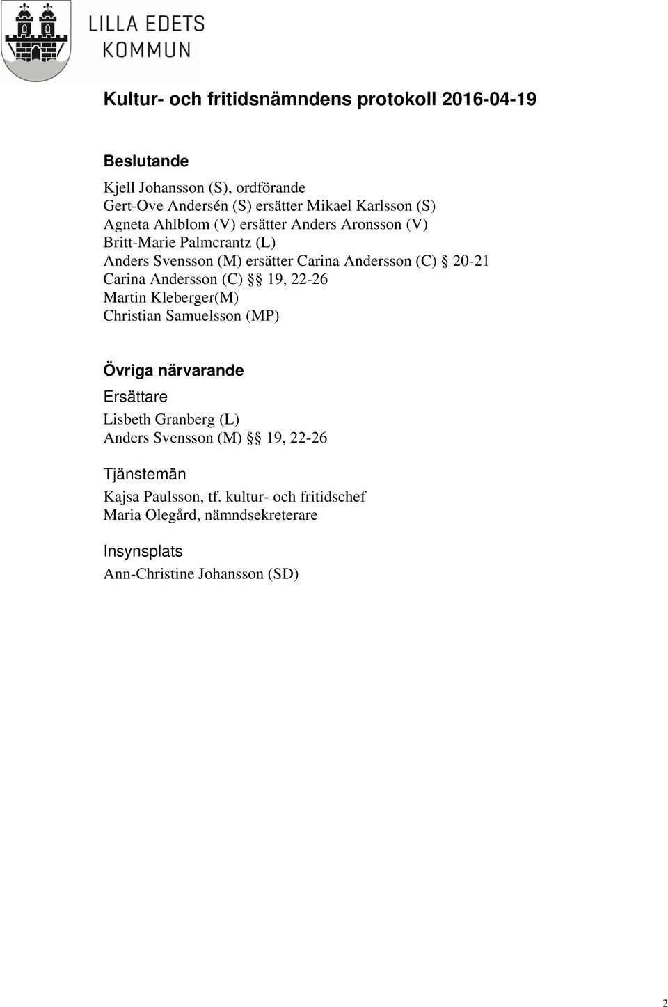 22-26 Martin Kleberger(M) Christian Samuelsson (MP) Övriga närvarande Ersättare Lisbeth Granberg (L) Anders Svensson (M) 19,