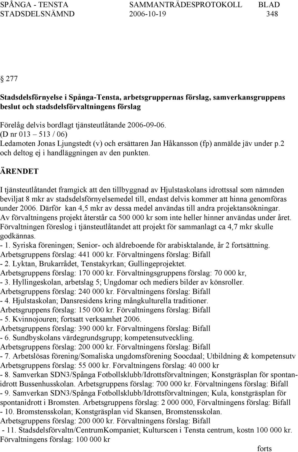 I tjänsteutlåtandet framgick att den tillbyggnad av Hjulstaskolans idrottssal som nämnden beviljat 8 mkr av stadsdelsförnyelsemedel till, endast delvis kommer att hinna genomföras under 2006.