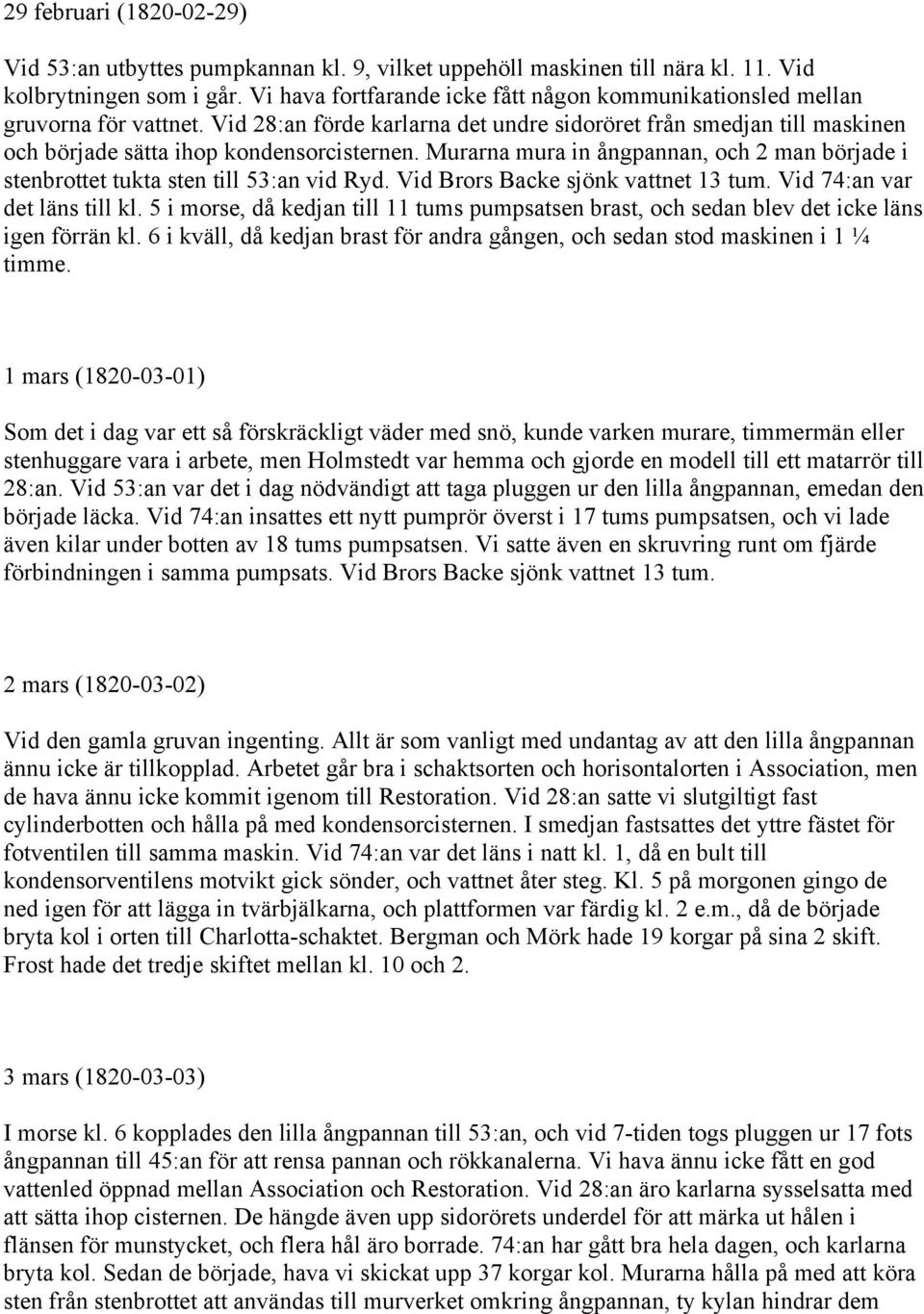 Murarna mura in ångpannan, och 2 man började i stenbrottet tukta sten till 53:an vid Ryd. Vid Brors Backe sjönk vattnet 13 tum. Vid 74:an var det läns till kl.