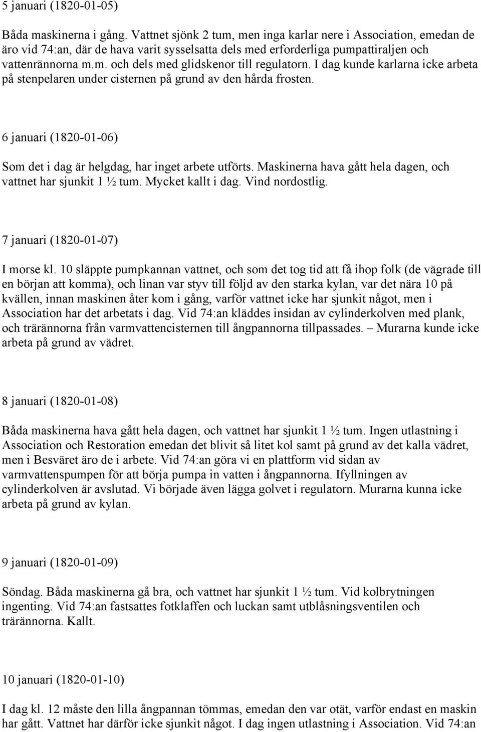 I dag kunde karlarna icke arbeta på stenpelaren under cisternen på grund av den hårda frosten. 6 januari (1820-01-06) Som det i dag är helgdag, har inget arbete utförts.