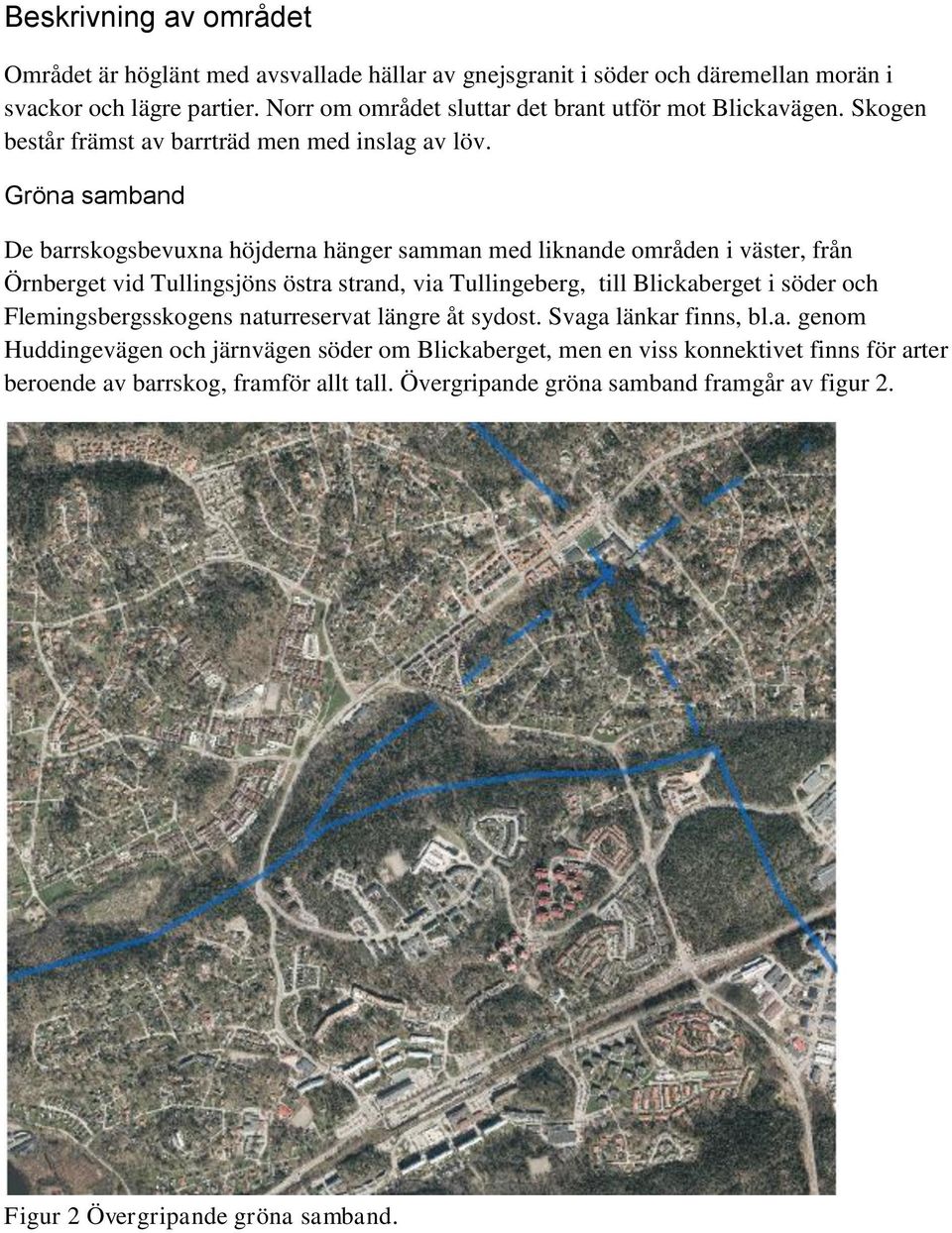 Gröna samband De barrskogsbevuxna höjderna hänger samman med liknande områden i väster, från Örnberget vid Tullingsjöns östra strand, via Tullingeberg, till Blickaberget i söder och