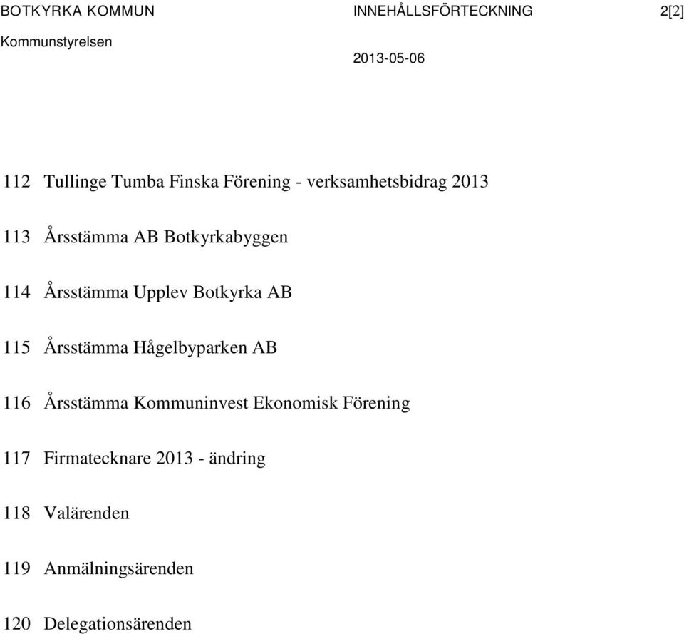 Botkyrka AB 115 Årsstämma Hågelbyparken AB 116 Årsstämma Kommuninvest Ekonomisk