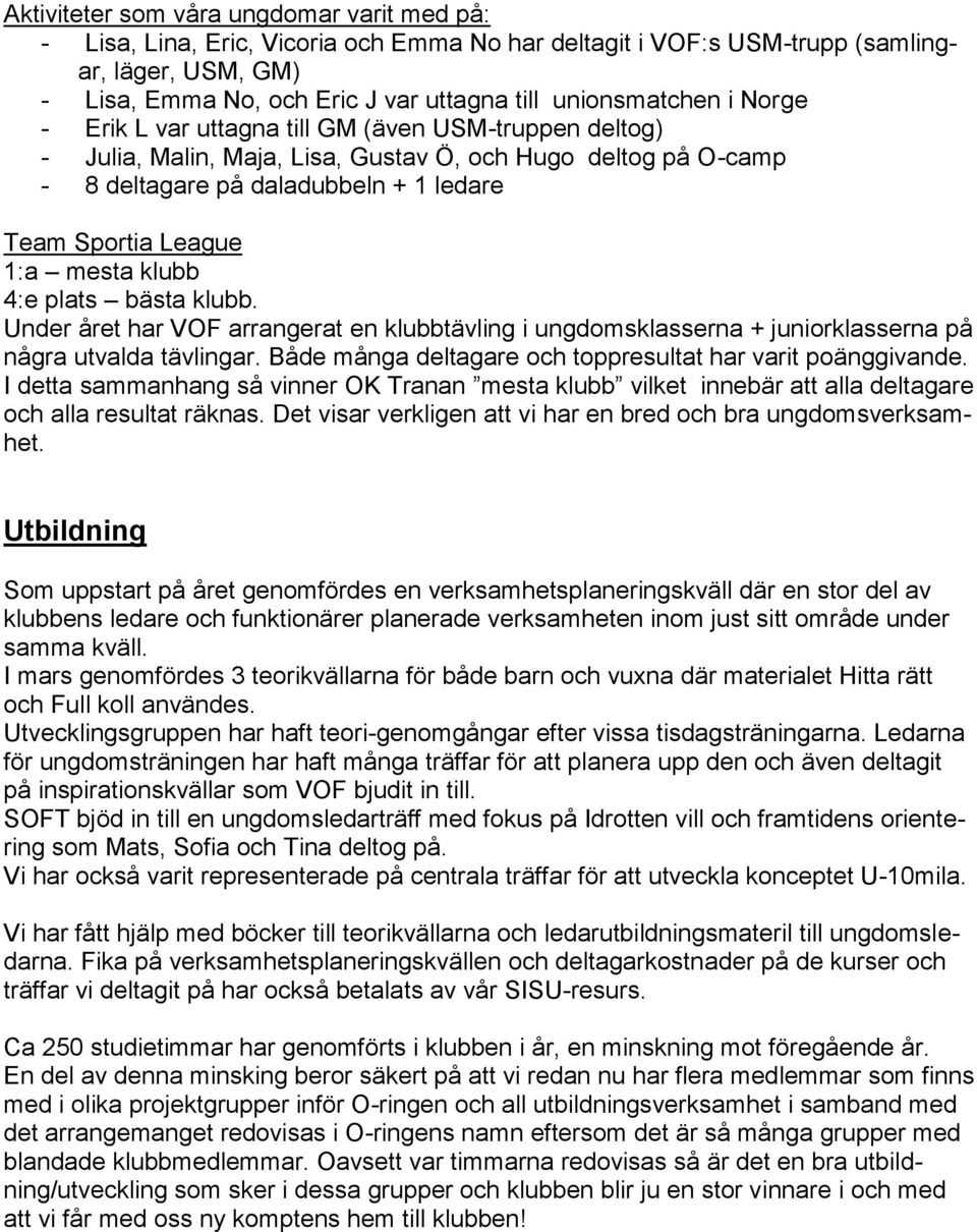 League 1:a mesta klubb 4:e plats bästa klubb. Under året har VOF arrangerat en klubbtävling i ungdomsklasserna + juniorklasserna på några utvalda tävlingar.