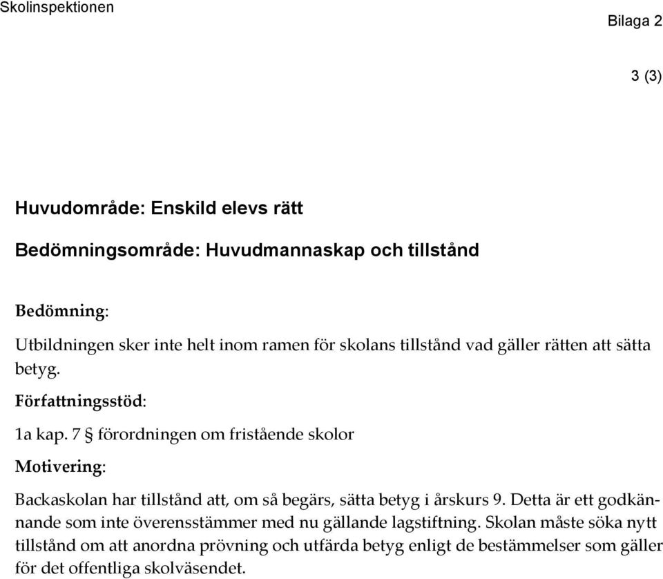 7 förordningen om fristående skolor Motivering: Backaskolan har tillstånd att, om så begärs, sätta betyg i årskurs 9.