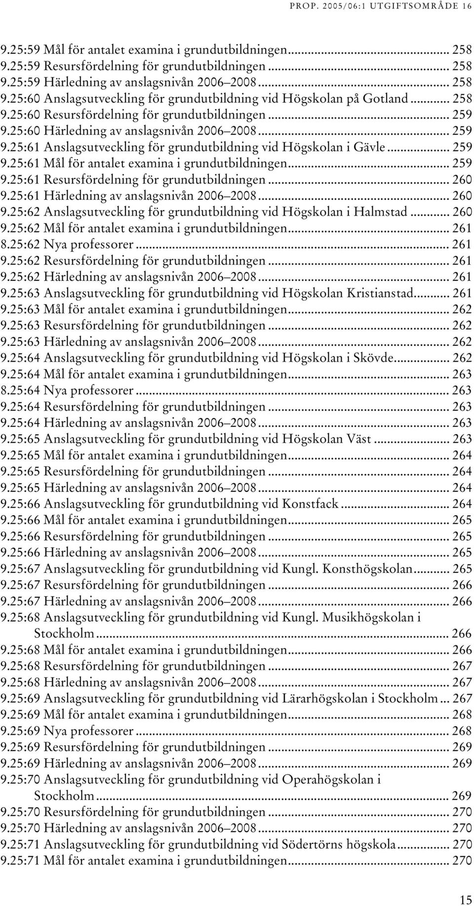 .. 259 9.25:61 Resursfördelning för grundutbildningen... 260 9.25:61 Härledning av anslagsnivån 2006 2008... 260 9.25:62 Anslagsutveckling för grundutbildning vid Högskolan i Halmstad... 260 9.25:62 Mål för antalet examina i grundutbildningen.