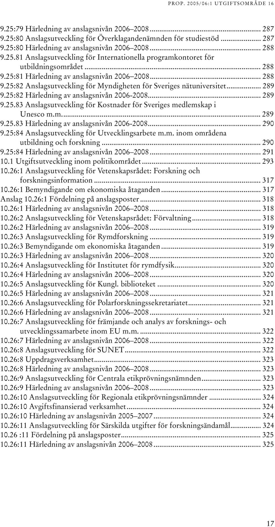 m... 289 9.25.83 Härledning av anslagsnivån 2006-2008... 290 9.25:84 Anslagsutveckling för Utvecklingsarbete m.m. inom områdena utbildning och forskning... 290 9.25:84 Härledning av anslagsnivån 2006 2008.