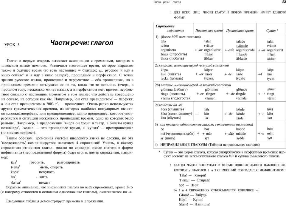 Различают настоящее время, которое выражает также и будущее время (то есть настоящее = будущее; ср. русское 'я иду в кино сейчас' и 'я иду в кино завтра'), прошедшее и перфектное.