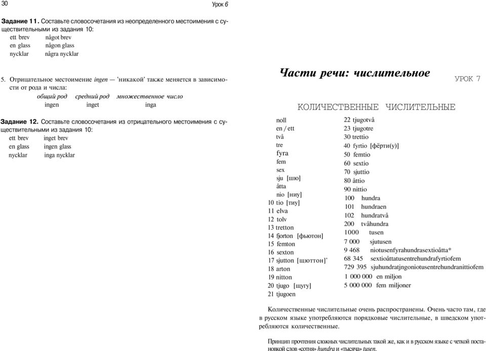 Составьте словосочетания из отрицательного местоимения с существительными из задания 10: ett brev inget brev en glass ingen glass nycklar inga nycklar Части речи: числительное КОЛИЧЕСТВЕННЫЕ