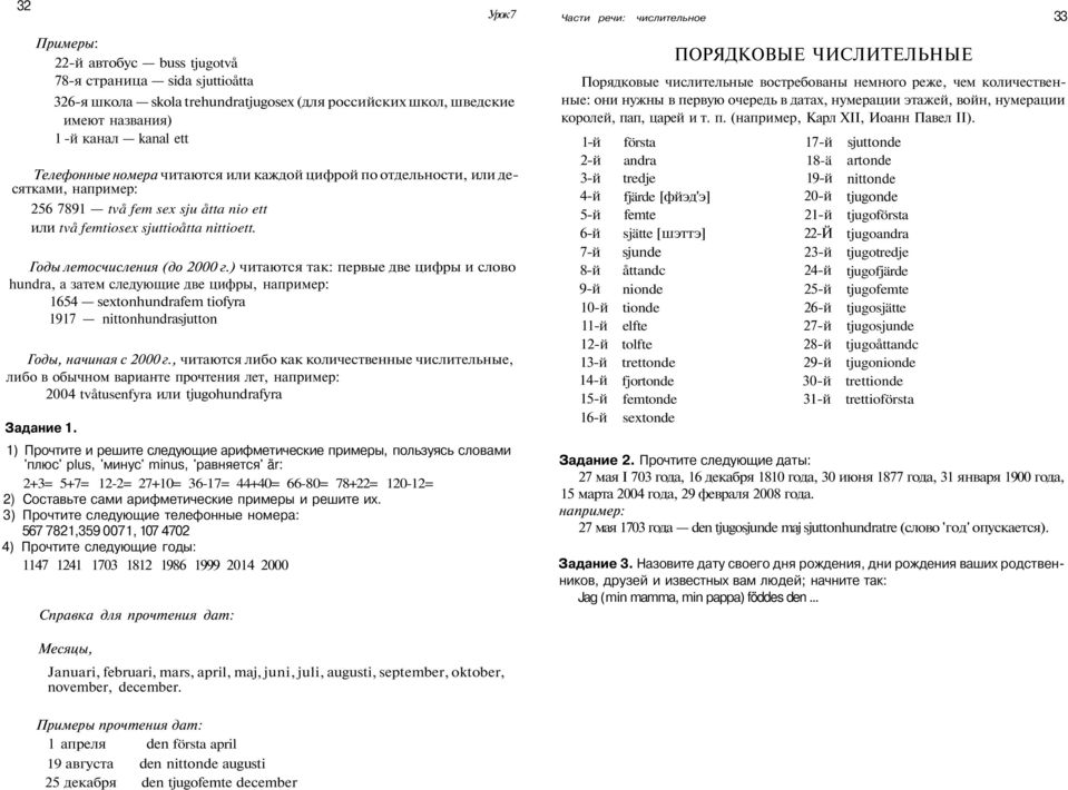 Годы летосчисления (до 2000 г.) читаются так: первые две цифры и слово hundra, а затем следующие две цифры, например: 1654 sextonhundrafem tiofyra 1917 nittonhundrasjutton Годы, начиная с 2000 г.