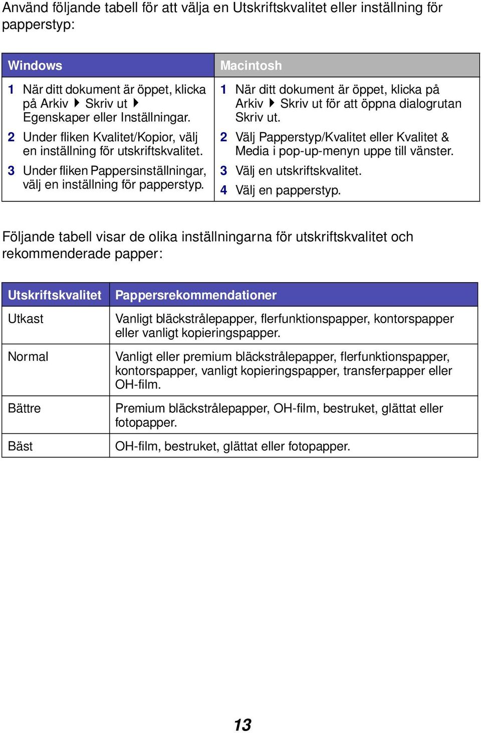 Macintosh 1 När ditt dokument är öppet, klicka på Arkiv Skriv ut för att öppna dialogrutan Skriv ut. 2 Välj Papperstyp/Kvalitet eller Kvalitet & Media i pop-up-menyn uppe till vänster.