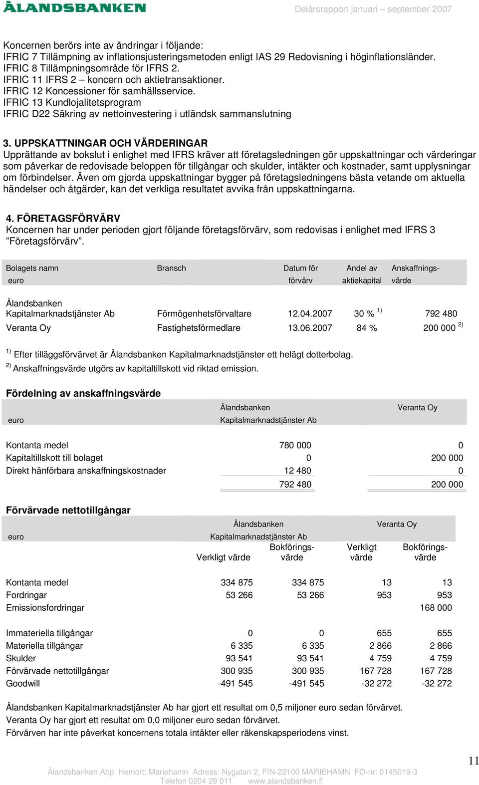 UPPSKATTNINGAR OCH VÄRDERINGAR Upprättande av bokslut i enlighet med IFRS kräver att företagsledningen gör uppskattningar och värderingar som påverkar de redovisade beloppen för tillgångar och