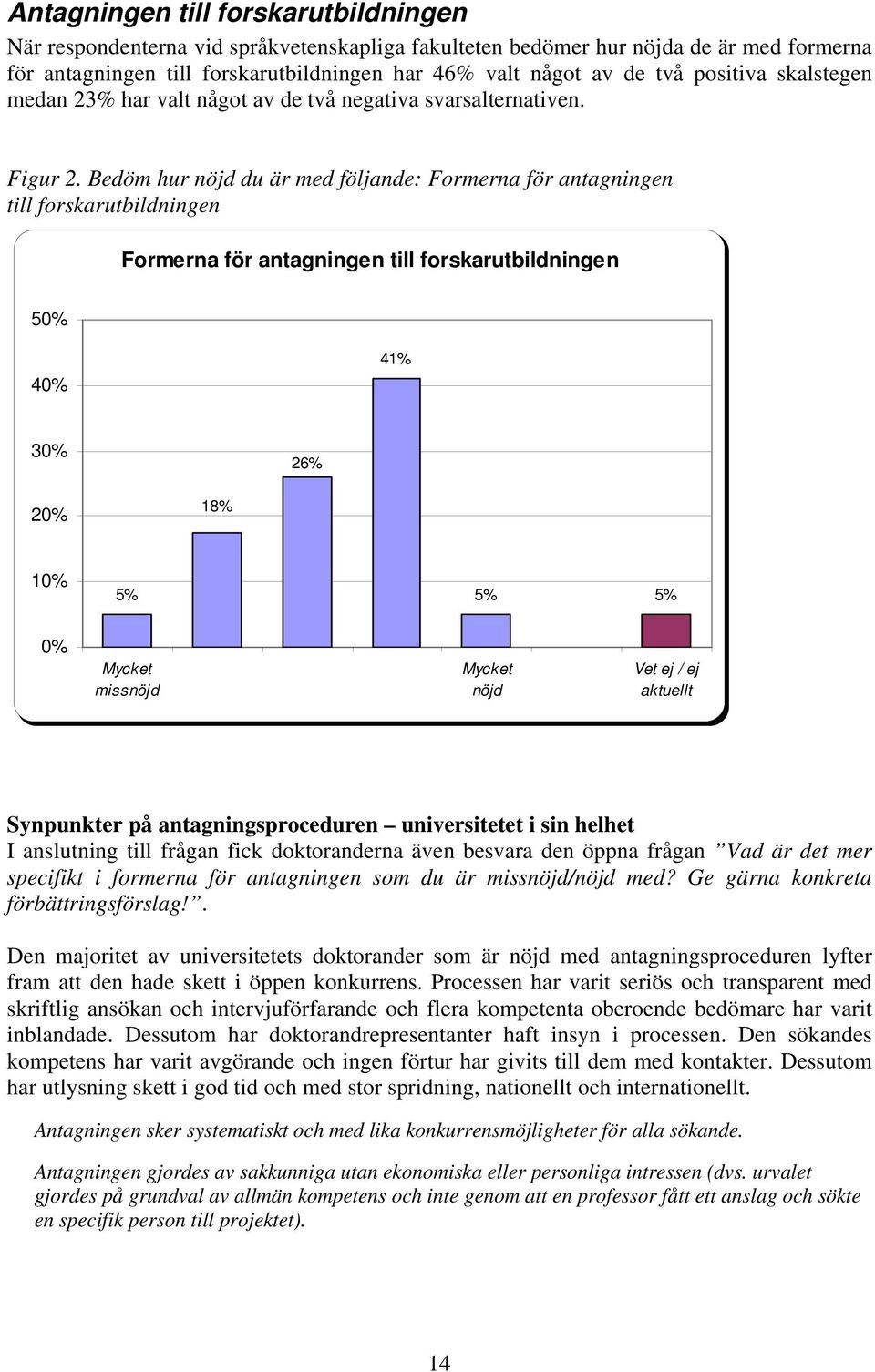 Bedöm hur öjd du är med följade: Formera för atagige till forskarutbildige Formera för atagige till forskarutbildige 50% 40% 41% 30% 26% 20% 18% 10% 5% 5% 5% 0% Mycket missöjd Mycket öjd Vet ej / ej