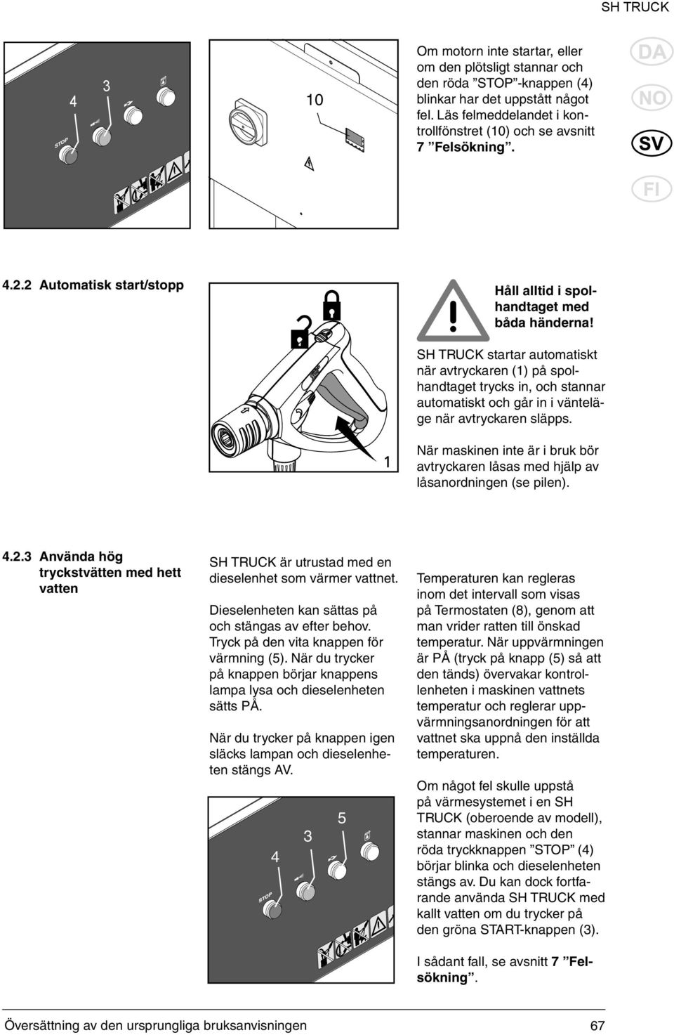 SH TRUCK startar automatiskt när avtryckaren (1) på spolhandtaget trycks in, och stannar automatiskt och går in i vänteläge när avtryckaren släpps.