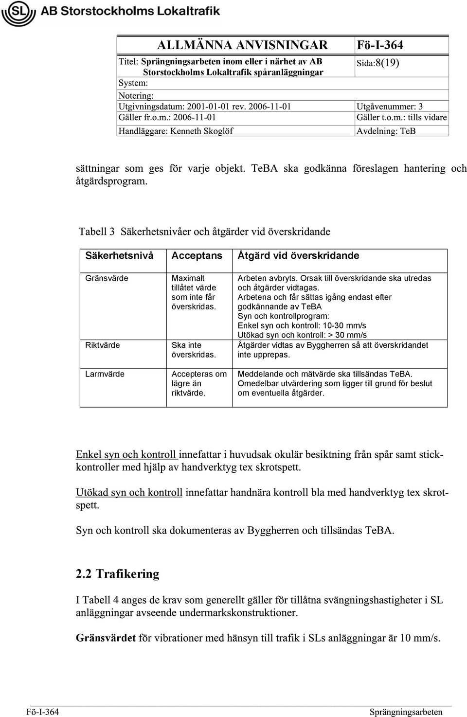 Arbetena och får sättas igång endast efter godkännande av TeBA Syn och kontrollprogram: Enkel syn och kontroll: 10-30 mm/s Utökad syn och kontroll: > 30 mm/s