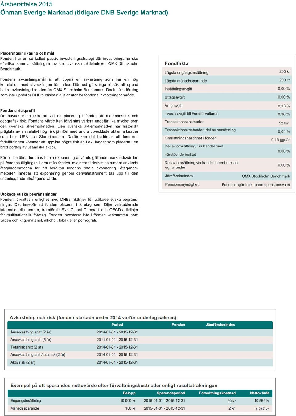 Därmed görs inga försök att uppnå bättre avkastning i fonden än OMX Stockholm Benchmark. Dock hålls företag som inte uppfyller DNB:s etiska riktlinjer utanför fondens investeringsområde.