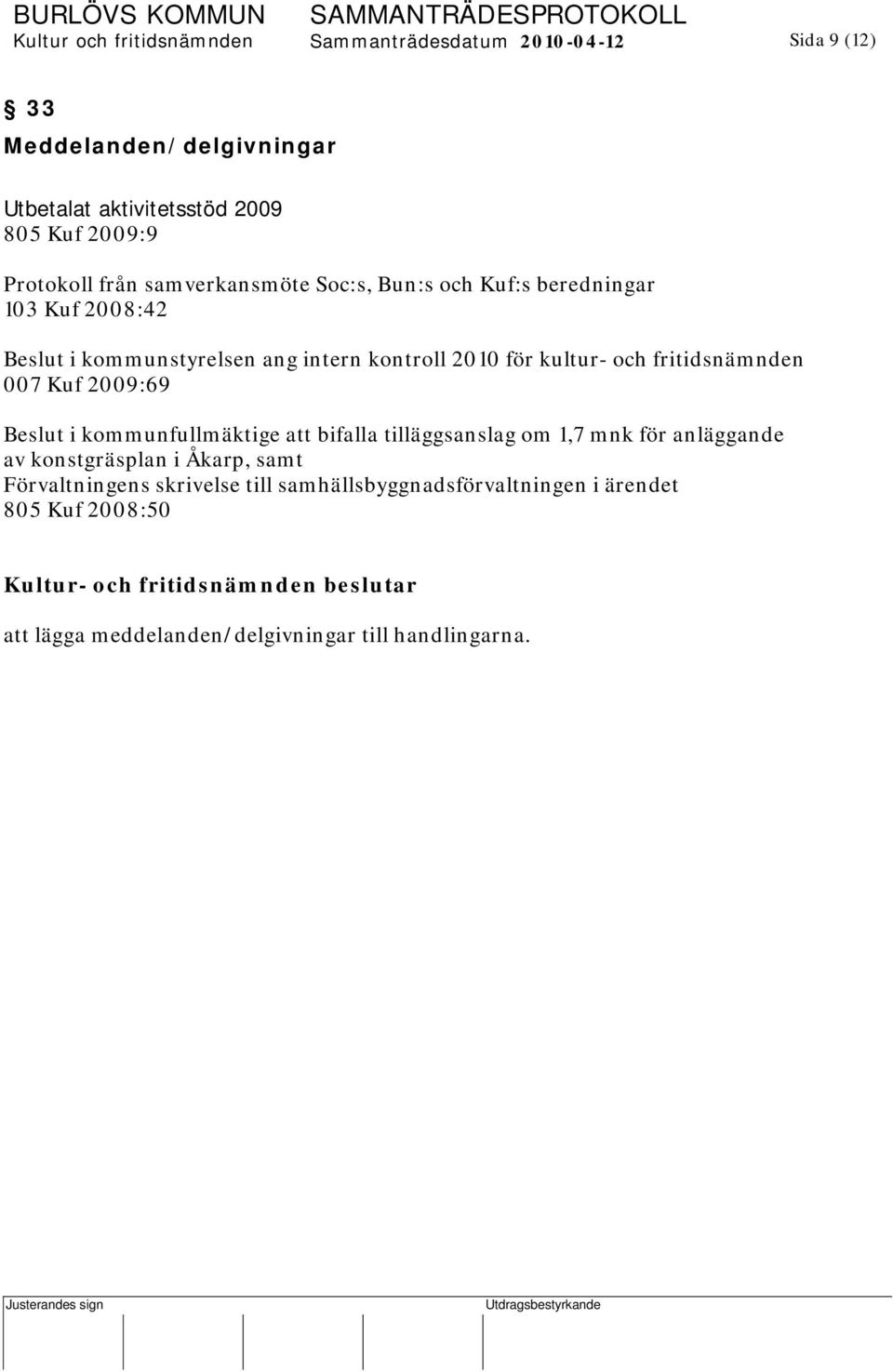 kultur- och fritidsnämnden 007 Kuf 2009:69 Beslut i kommunfullmäktige att bifalla tilläggsanslag om 1,7 mnk för anläggande av konstgräsplan i