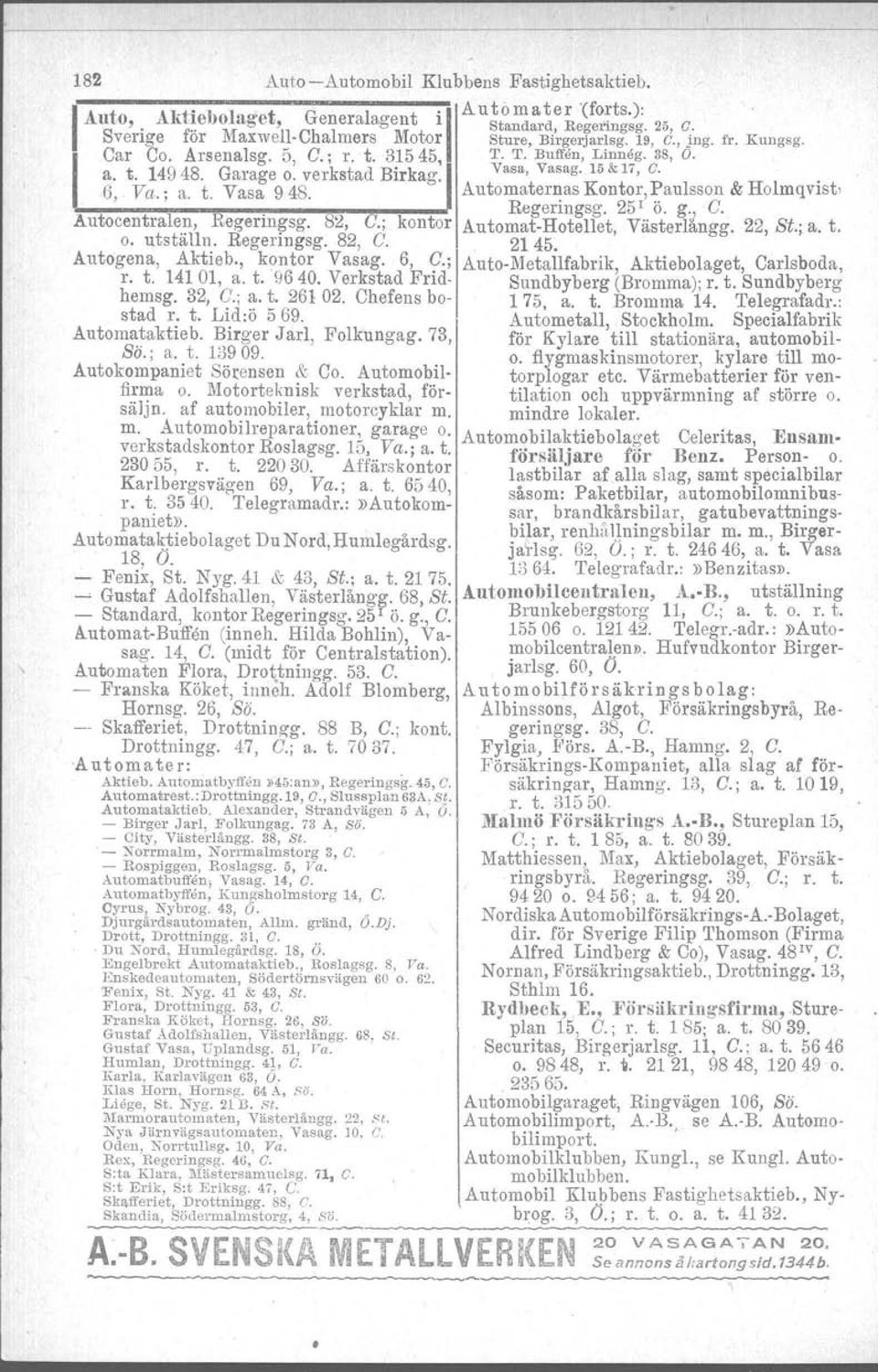 10&17, O. _ 6,. Vet.; a. t. Vasa 9 48. Automater~as Konto;,~aulsson & Holmqvist,. Regenngsg. 25 o. g., G. Autocentralen, Regermgsg. 2,.; kontor Automat-Hotellet, Västerlångg. 22, St.; a. t. o. utställn.