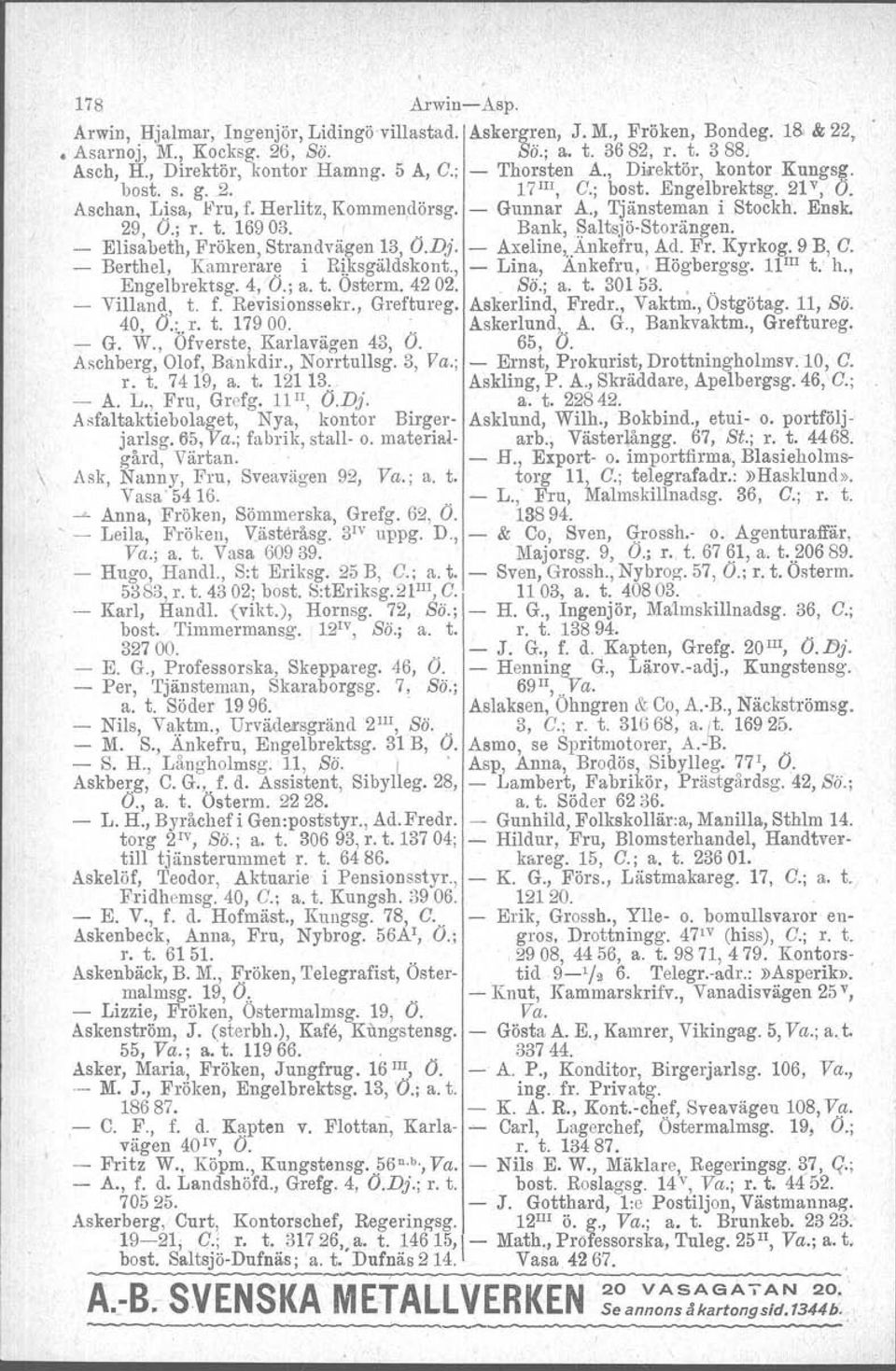 t. 169 03. Bank,~altsjö Storängen. Elisabeth, Fröken, Strandvägen 13, O.Dj. - Axeline,..Ankefru, Ad. Fr. Kyrkog. 9 B, C. - Berthel, Kamrerare i Riksgäldskont., - Lina, Ankefru, Högbergag. 11 III t.. h.