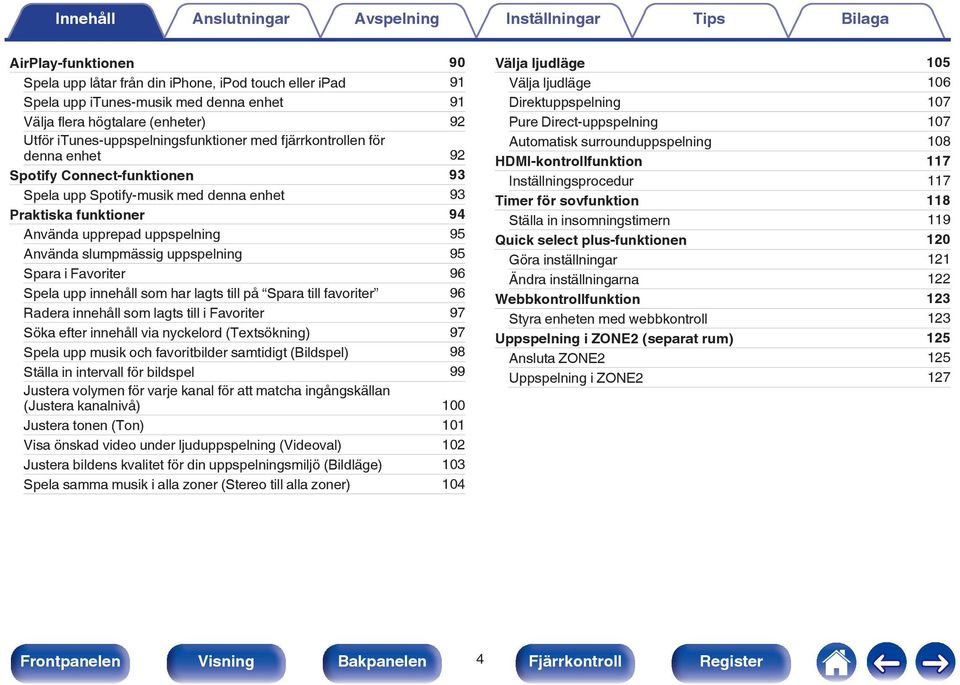 Spara i Favoriter 96 Spela upp innehåll som har lagts till på Spara till favoriter 96 Radera innehåll som lagts till i Favoriter 97 Söka efter innehåll via nyckelord (Textsökning) 97 Spela upp musik