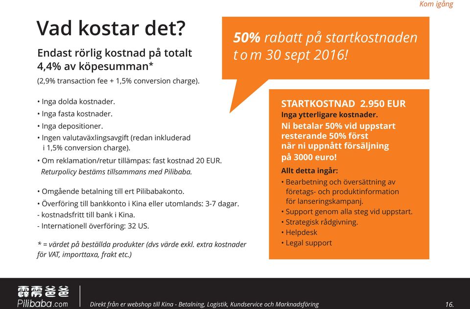 Returpolicy bestäms tillsammans med Pilibaba. Omgående betalning till ert Pilibabakonto. Överföring till bankkonto i Kina eller utomlands: 3-7 dagar. - kostnadsfritt till bank i Kina.