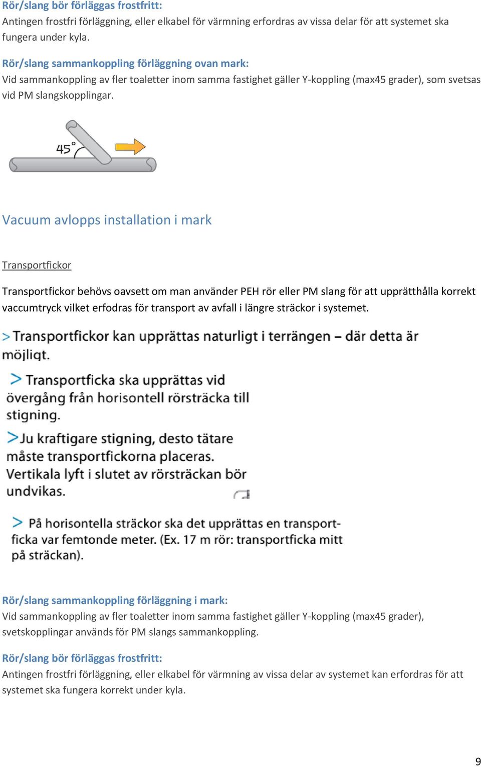 Vacuum avlopps installation i mark Transportfickor Transportfickor behövs oavsett om man använder PEH rör eller PM slang för att upprätthålla korrekt vaccumtryck vilket erfodras för transport av