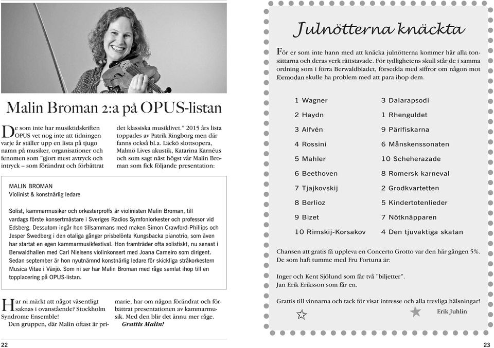 Malin Broman 2:a på OPUS-listan De som inte har musiktidskriften OPUS vet nog inte att tidningen varje år ställer upp en lista på tjugo namn på musiker, organisationer och fenomen som gjort mest