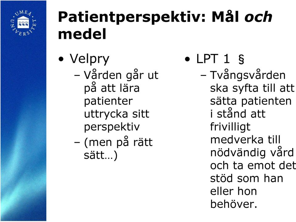 Tvångsvården ska syfta till att sätta patienten i stånd att