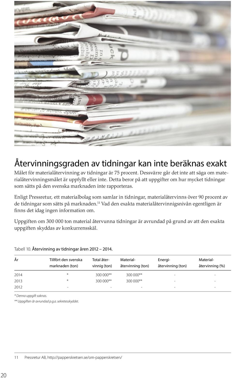 Enligt Pressretur, ett materialbolag som samlar in tidningar, materialåtervinns över 90 procent av de tidningar som sätts på marknaden.