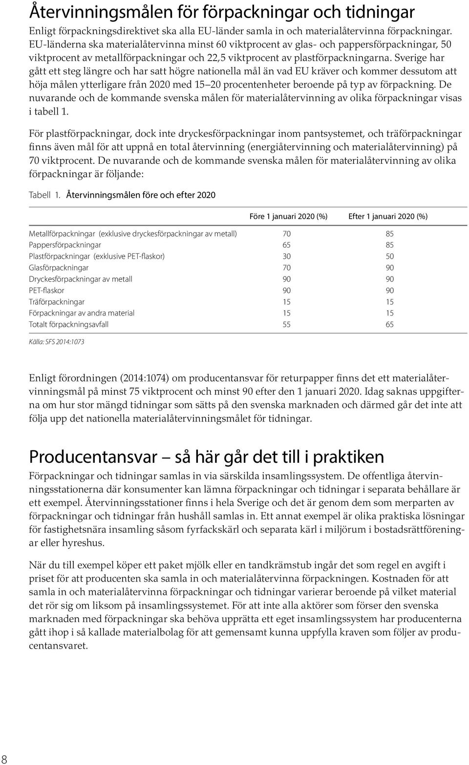 Sverige har gått ett steg längre och har satt högre nationella mål än vad EU kräver och kommer dessutom att höja målen ytterligare från 2020 med 15 20 procentenheter beroende på typ av förpackning.