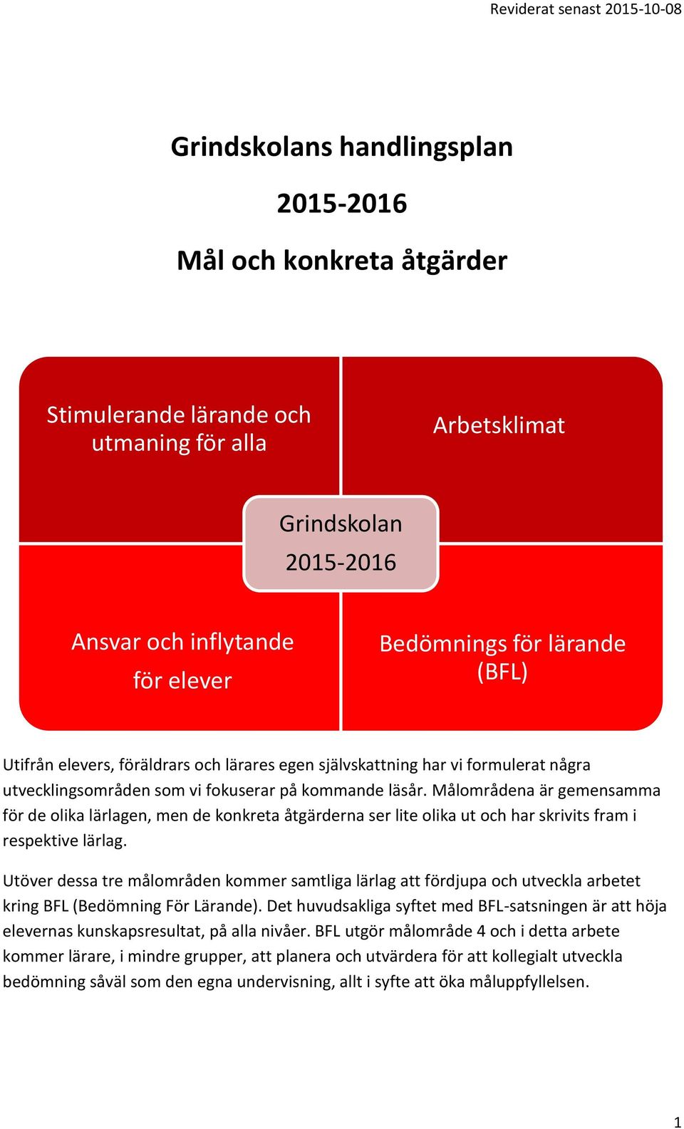 Målområdena är gemensamma för de olika lärlagen, men de konkreta åtgärderna ser lite olika ut och har skrivits fram i respektive lärlag.