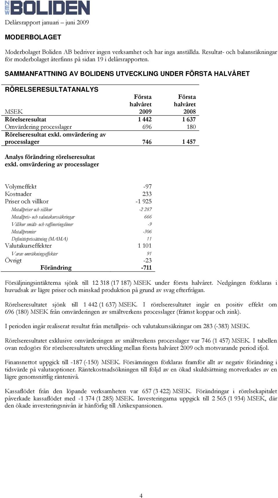 Rörelseresultat exkl. omvärdering av processlager 746 1 457 Analys förändring rörelseresultat exkl.