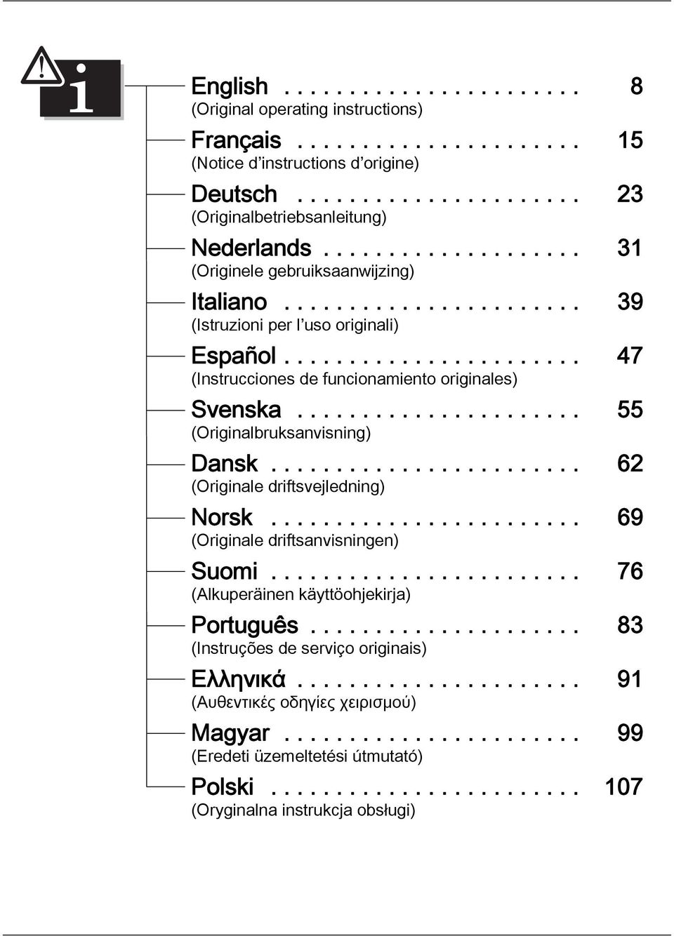 ..................... 55 (Originalbruksanvisning) Dansk........................ 62 (Originale driftsvejledning) Norsk........................ 69 (Originale driftsanvisningen) Suomi.