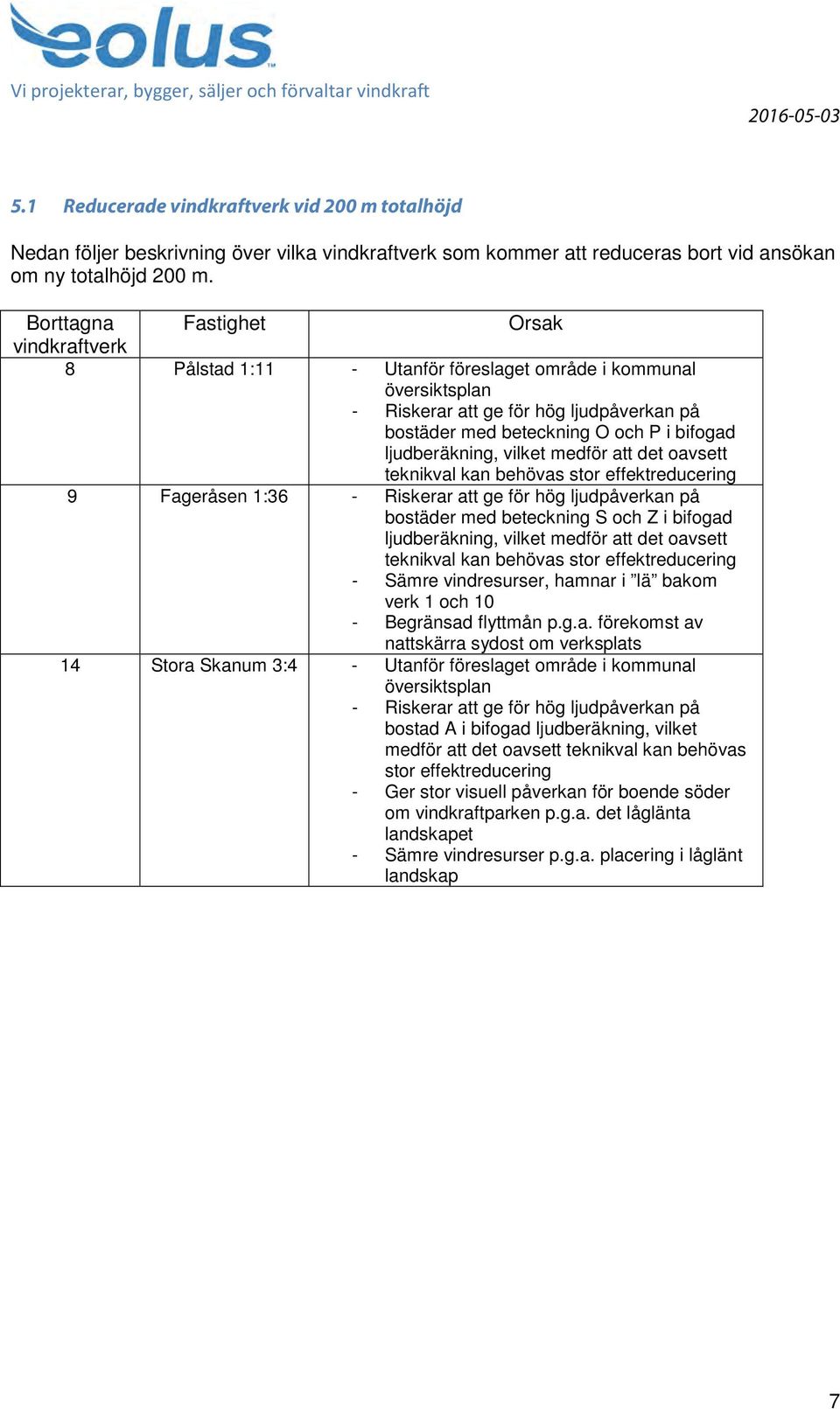 ljudberäkning, vilket medför att det oavsett teknikval kan behövas stor effektreducering 9 Fageråsen 1:36 - Riskerar att ge för hög ljudpåverkan på bostäder med beteckning S och Z i bifogad