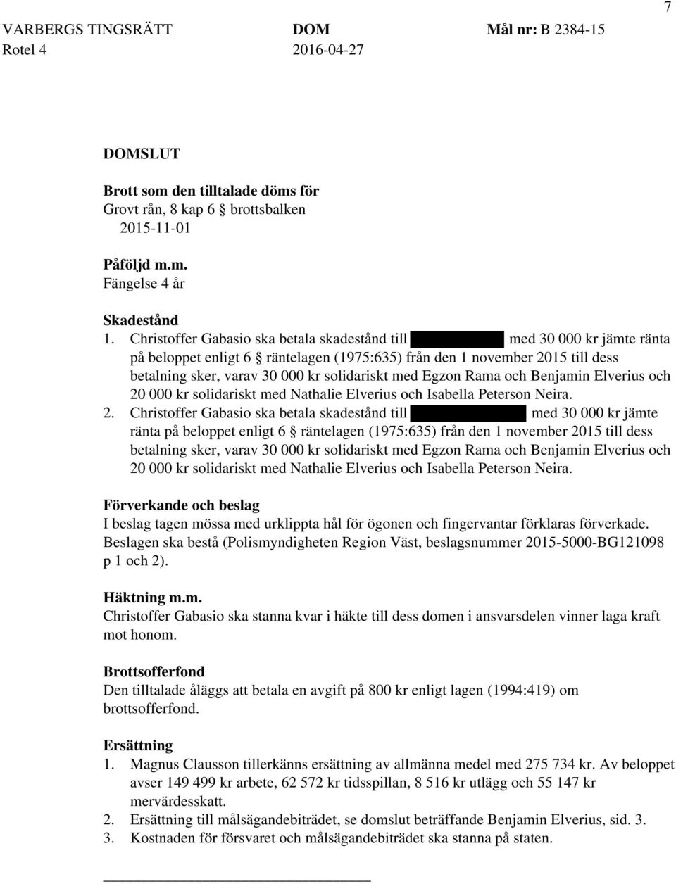 Egzon Rama och Benjamin Elverius och 20 000 kr solidariskt med Nathalie Elverius och Isabella Peterson Neira. 2.  Egzon Rama och Benjamin Elverius och 20 000 kr solidariskt med Nathalie Elverius och Isabella Peterson Neira.