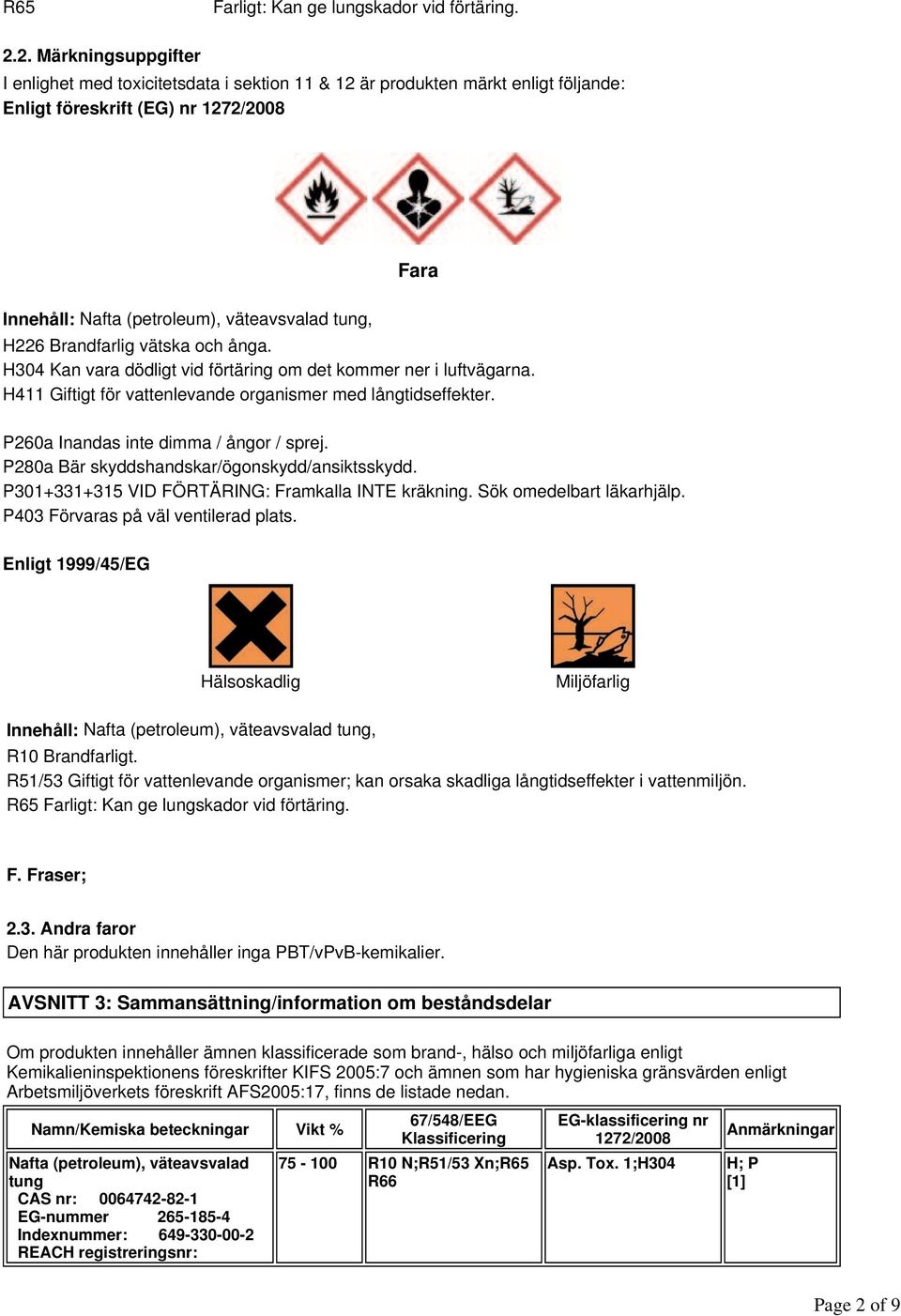 2. Märkningsuppgifter I enlighet med toxicitetsdata i sektion 11 & 12 är produkten märkt enligt följande: Enligt föreskrift (EG) nr 1272/2008 Fara Innehåll: Nafta (petroleum), väteavsvalad tung, H226