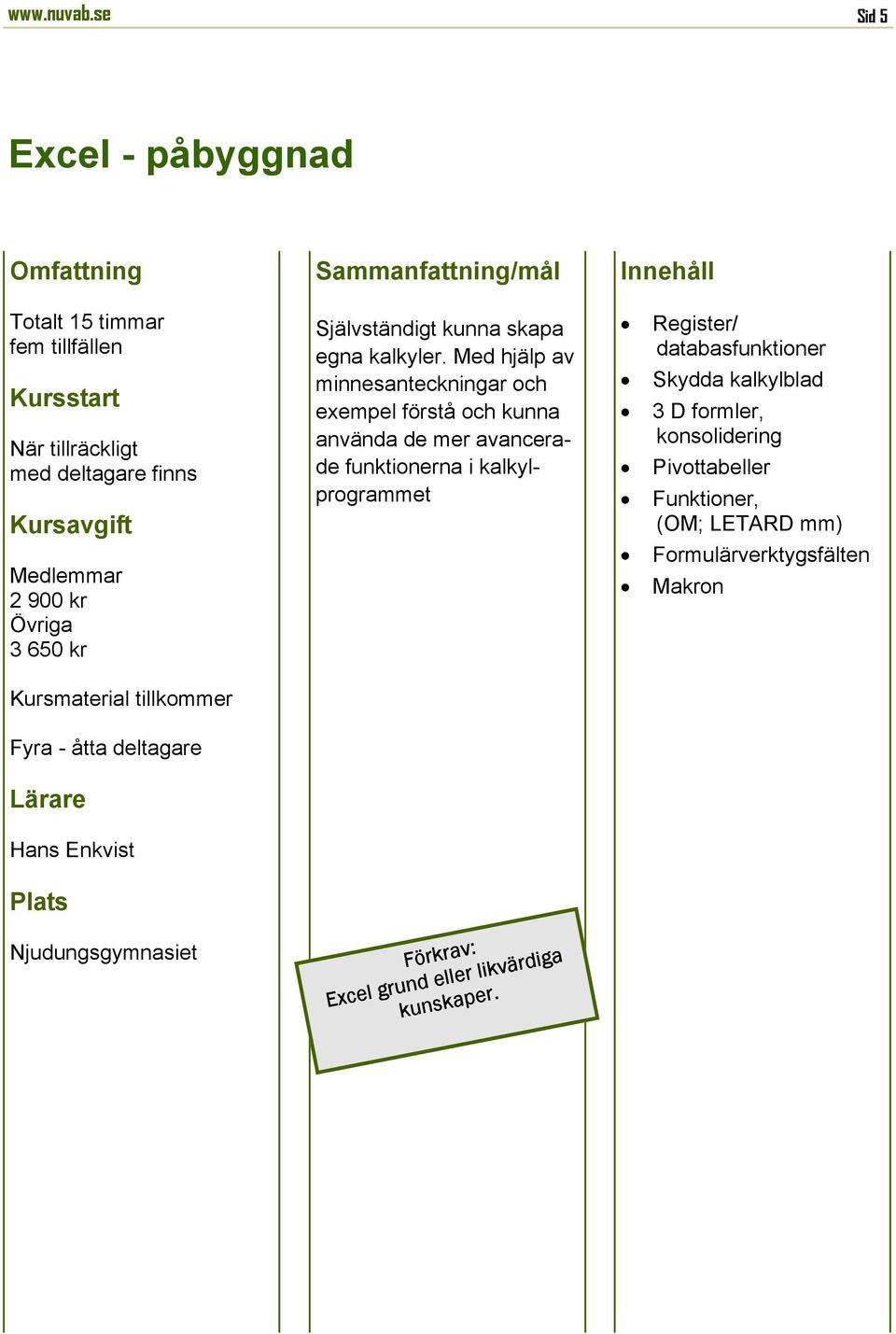 Enkvist Njudungsgymnasiet Självständigt kunna skapa egna kalkyler.