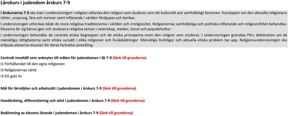 I undervisningen utforskas både de stora religiösa traditionerna i världen och irreligiositet. Religionernas samhälleliga och politiska inflytande och religionsfrihet behandlas.