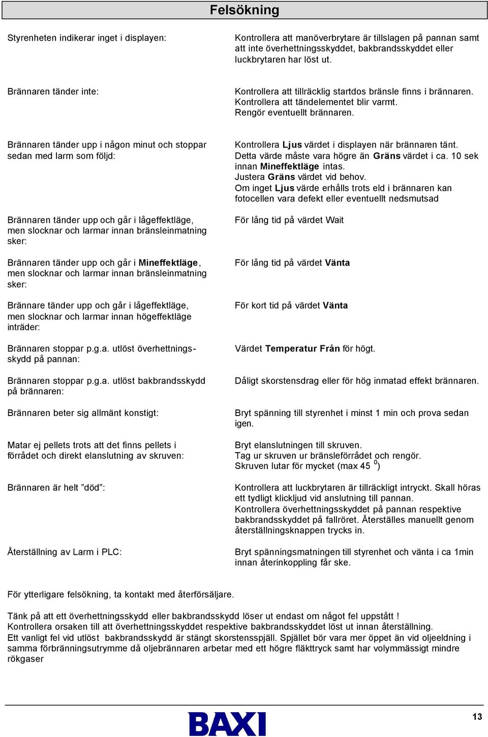 Brännaren tänder upp i någon minut och stoppar sedan med larm som följd: Brännaren tänder upp och går i lågeffektläge, men slocknar och larmar innan bränsleinmatning sker: Brännaren tänder upp och