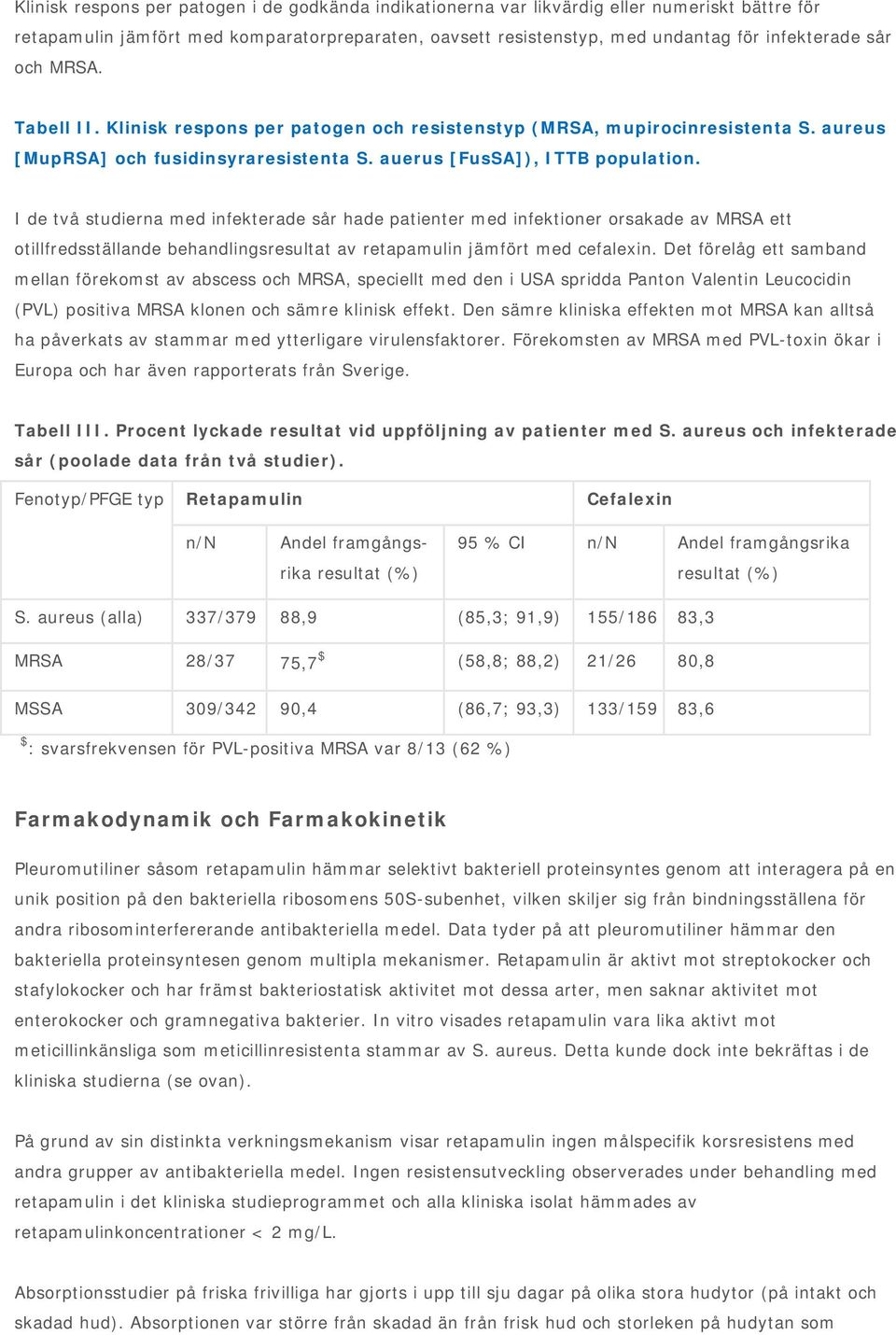 I de två studierna med infekterade sår hade patienter med infektioner orsakade av MRSA ett otillfredsställande behandlingsresultat av retapamulin jämfört med cefalexin.