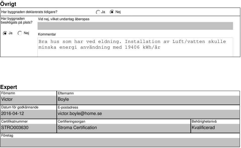 Installation av Luft/vatten skulle minska energi användning med 19406 /år Expert Förnamn Victor Efternamn Boyle