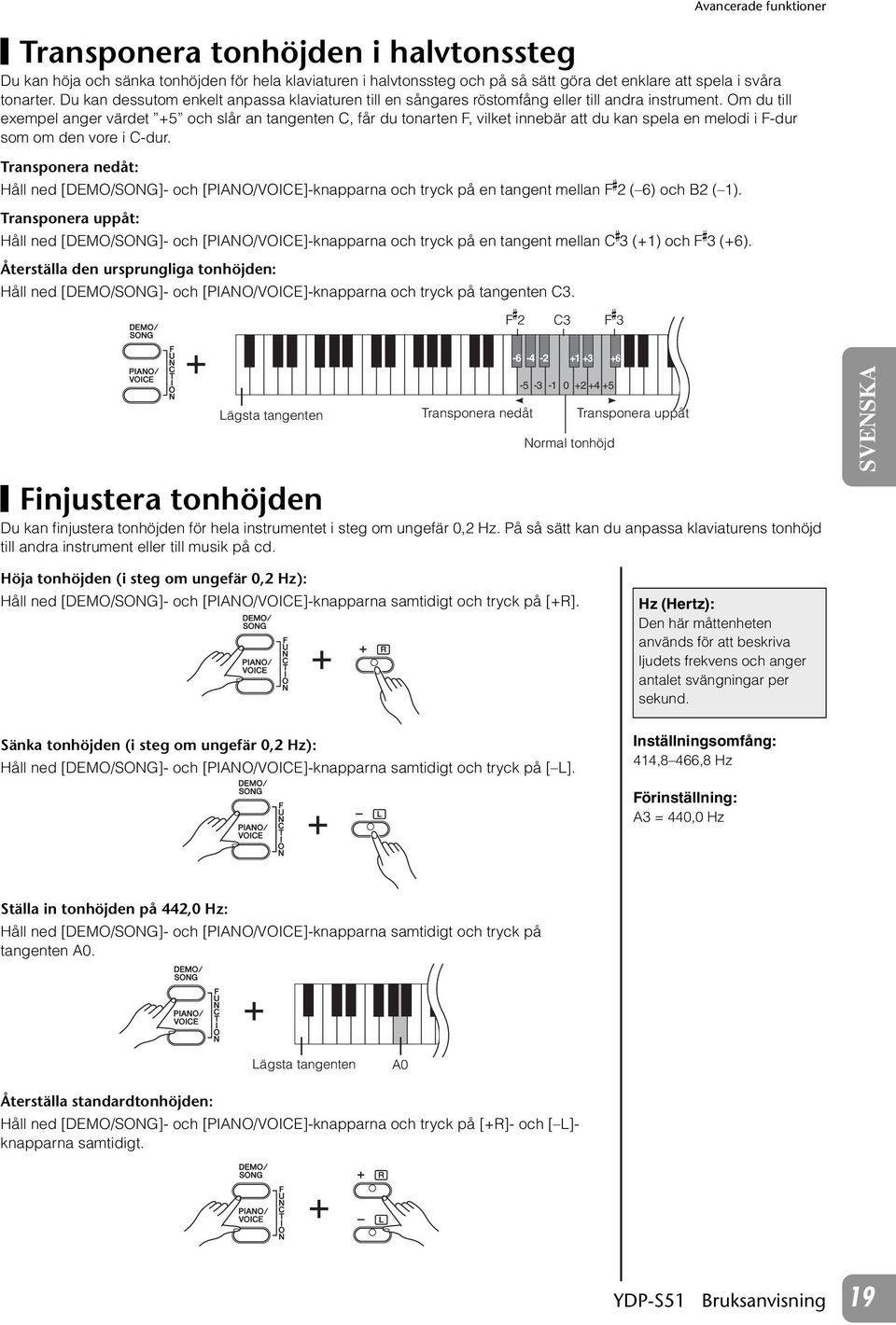 Om du till exempel anger värdet +5 och slår an tangenten C, får du tonarten F, vilket innebär att du kan spela en melodi i F-dur som om den vore i C-dur.