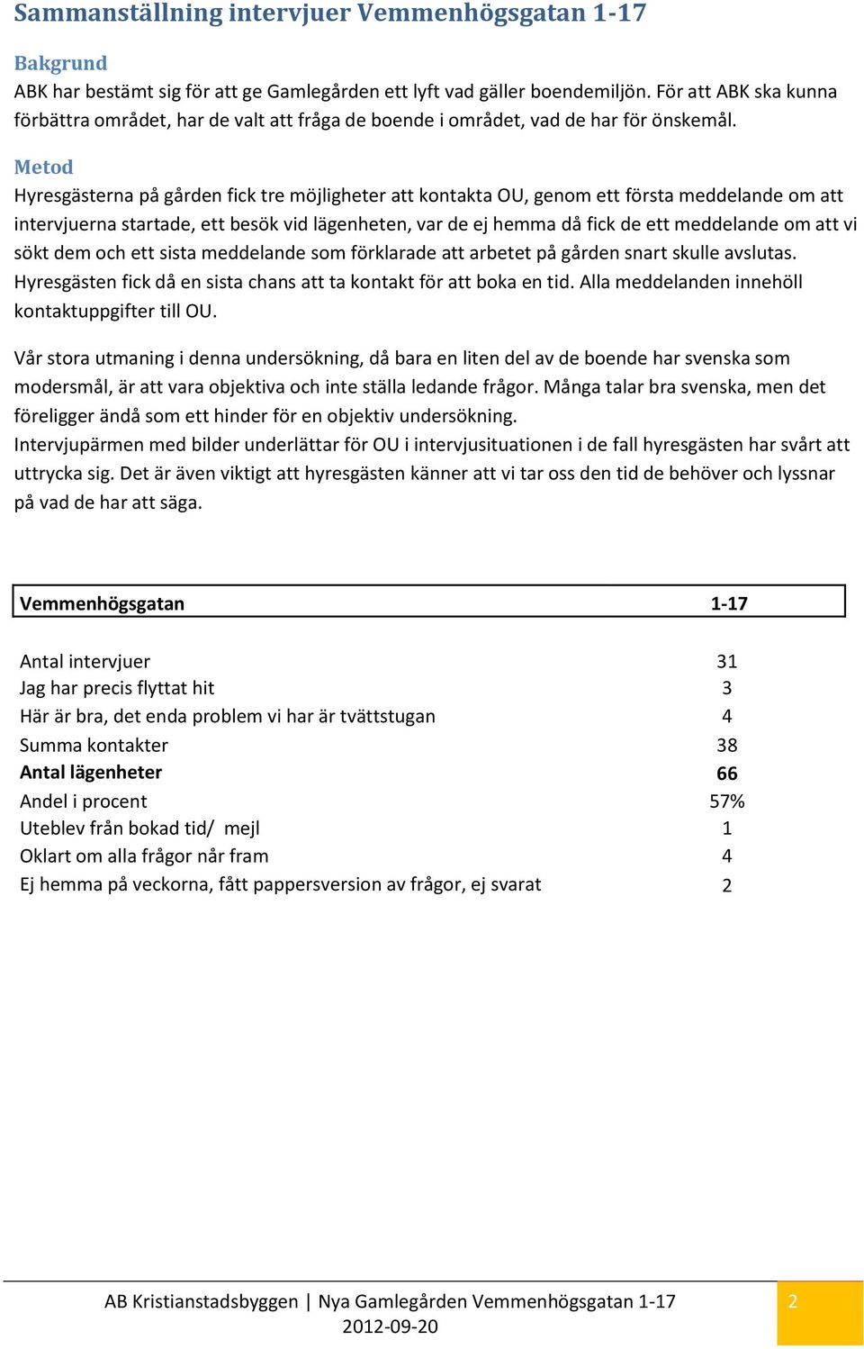 Metod Hyresgästerna på gården fick tre möjligheter att kontakta OU, genom ett första meddelande om att intervjuerna startade, ett besök vid lägenheten, var de ej hemma då fick de ett meddelande om