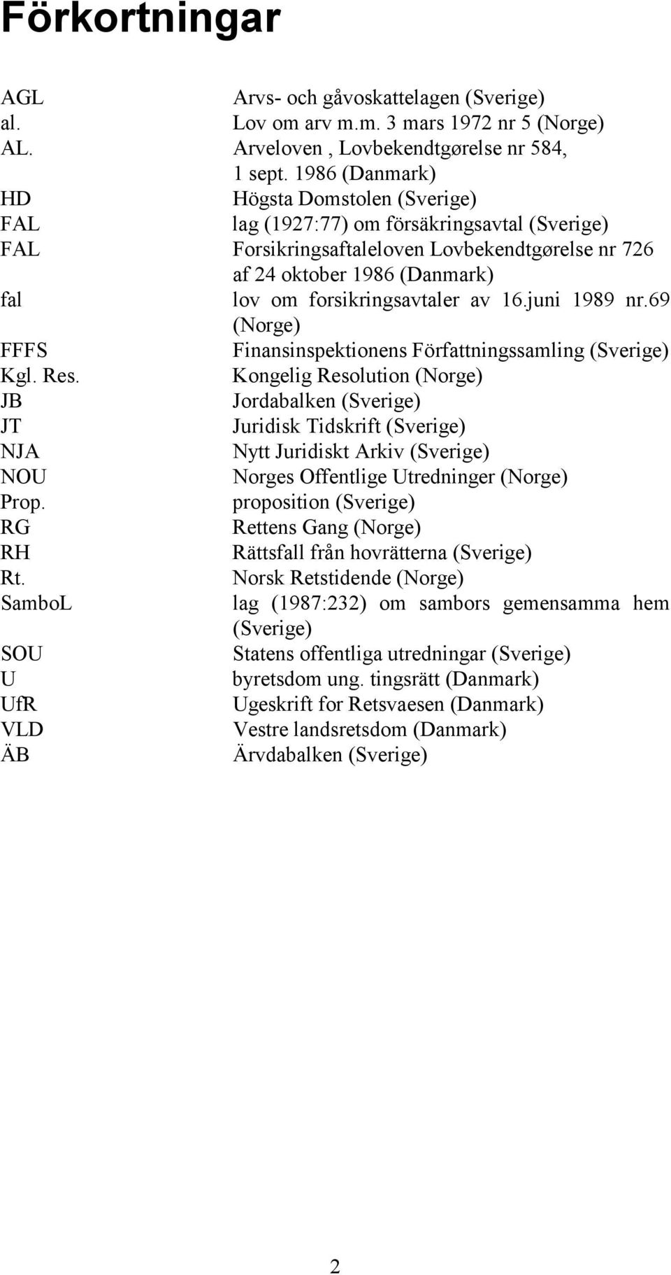 forsikringsavtaler av 16.juni 1989 nr.69 (Norge) FFFS Finansinspektionens Författningssamling (Sverige) Kgl. Res.