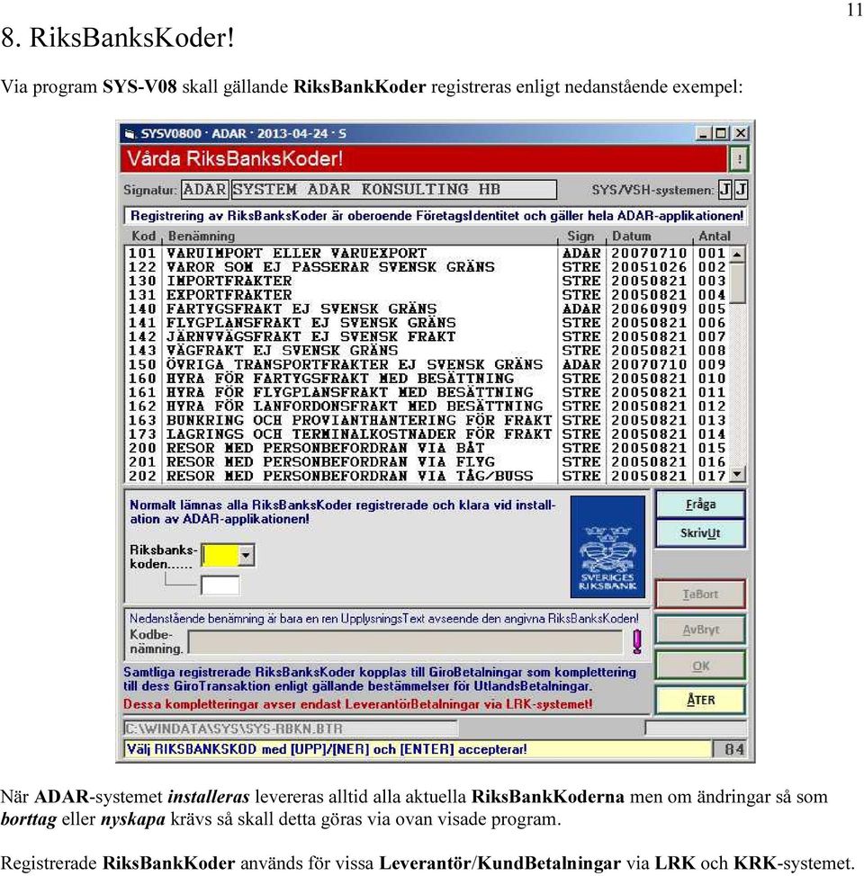 När ADAR-systemet installeras levereras alltid alla aktuella RiksBankKoderna men om ändringar
