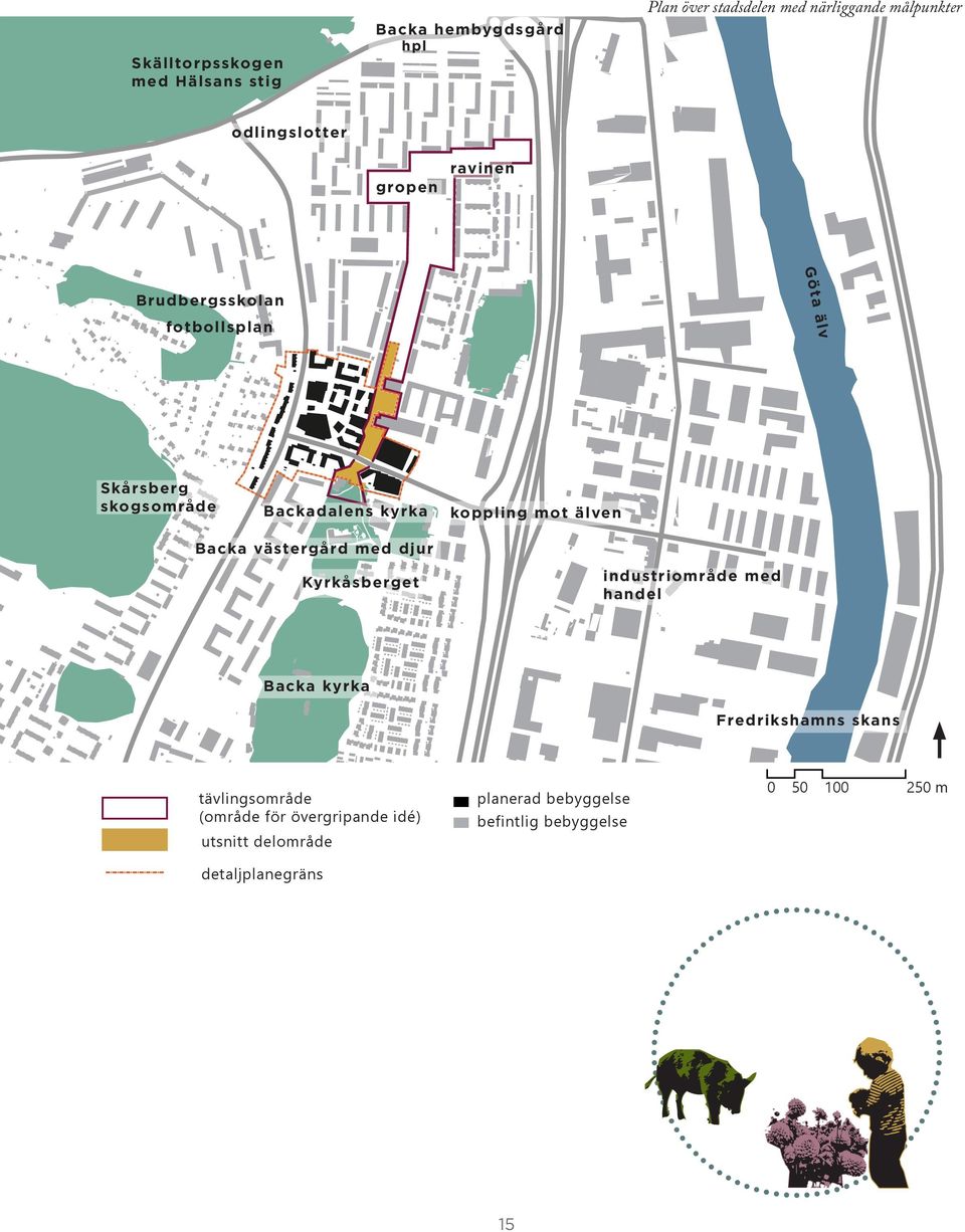 mot älven Backa västergård med djur Kyrkåsberget industriområde med handel Backa kyrka Fredrikshamns skans