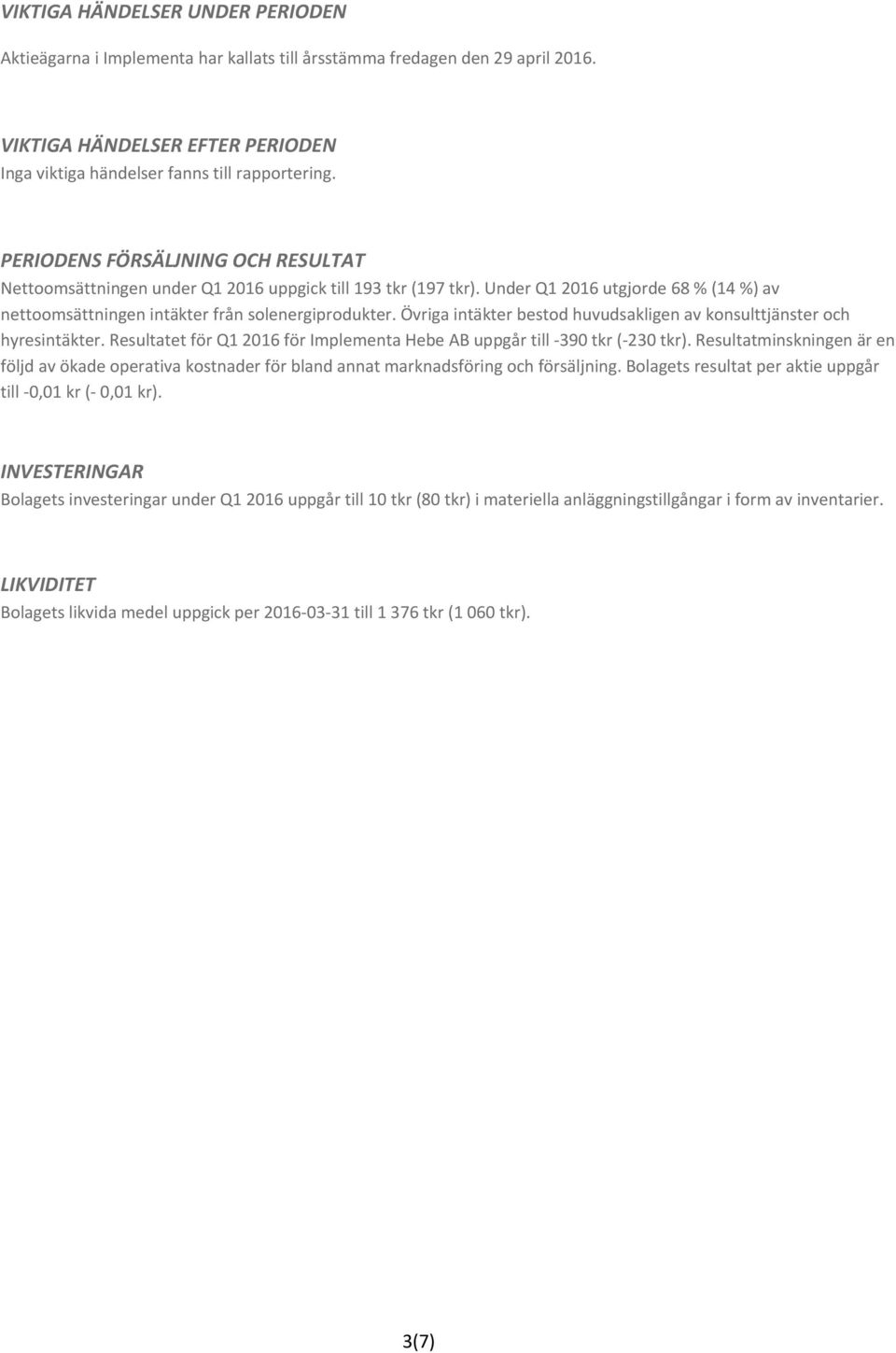 Övriga intäkter bestod huvudsakligen av konsulttjänster och hyresintäkter. Resultatet för Q1 för Implementa Hebe AB uppgår till 390 tkr ( 230 tkr).